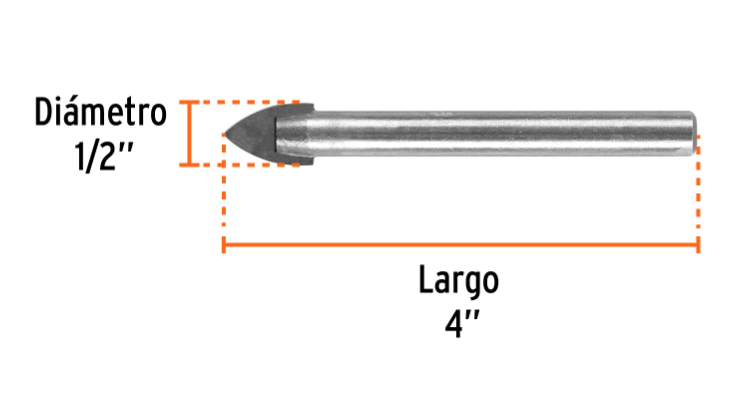 Broca para vidrio 1/2" (13 mm) x 4" Truper 11705 BVI-1/2
