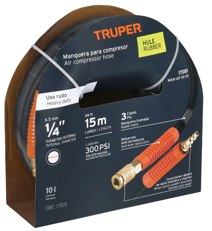 MANGUERA COMPRESOR USO RUDO 1/4" X 15m TRUPER 17081 MAN-AP-15-1/4