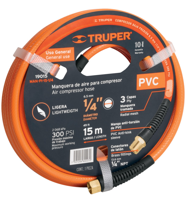 Manguera para compresor uso general 1/4" x 15 m Truper 19015 MAN-PI-15-1/4