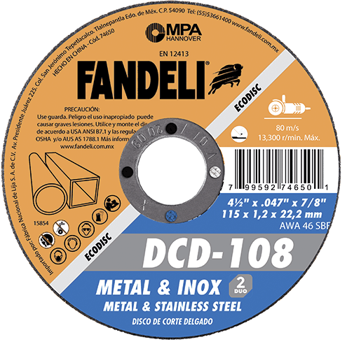 DISCO CORTE METAL-INOX. 4, 1/2" X 3/64" T-41 ECODISC FANDELI DCD-108