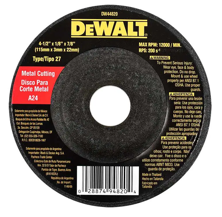 DISCO CORTE METAL 4, 1/2" X 1/8" TIPO 27 DEWALT DW44820
