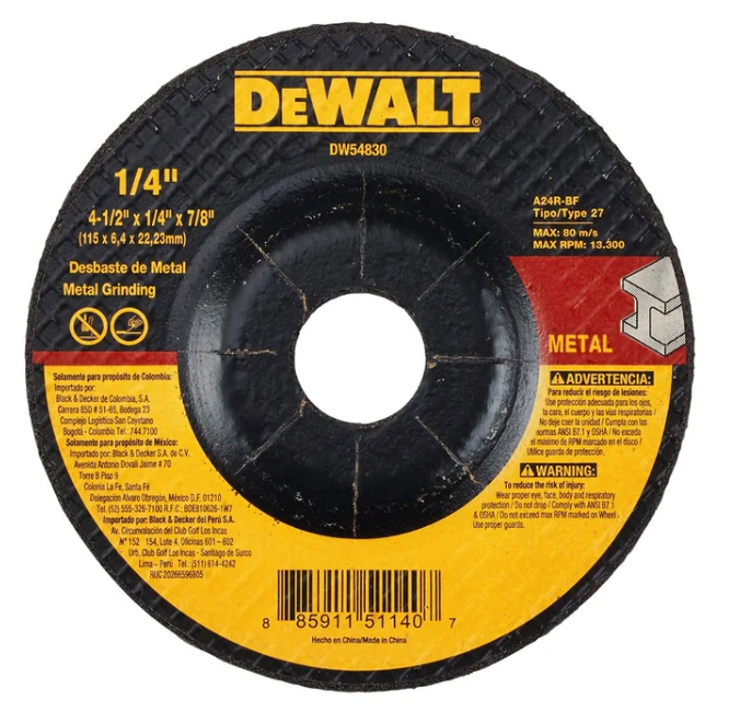 DISCO PULIR METAL 4, 1/2" X 1/4" TIPO 27 DEWALT DW44830