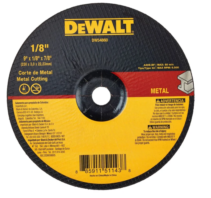 Disco corte metal 9" x 1/8" tipo 27 Dewalt DW44860