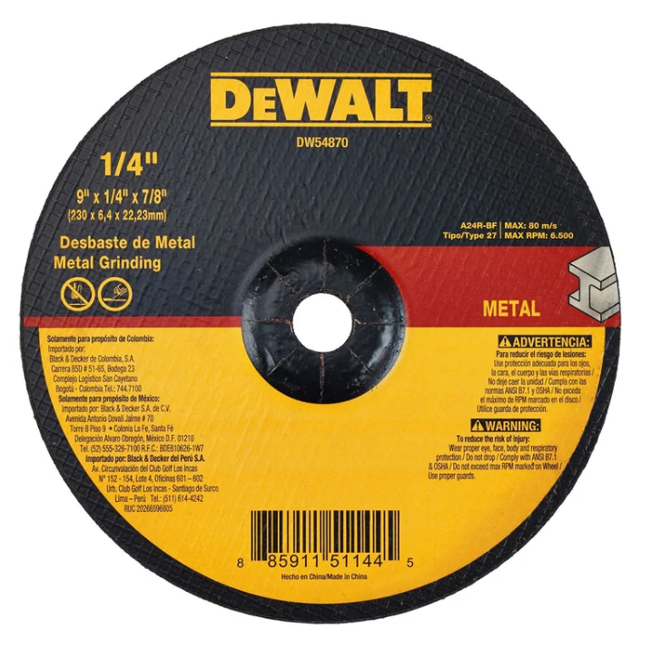 DISCO PULIR/DESBASTE METAL 9" X 1/4" TIPO 27 DEWALT DW44870/DW54870