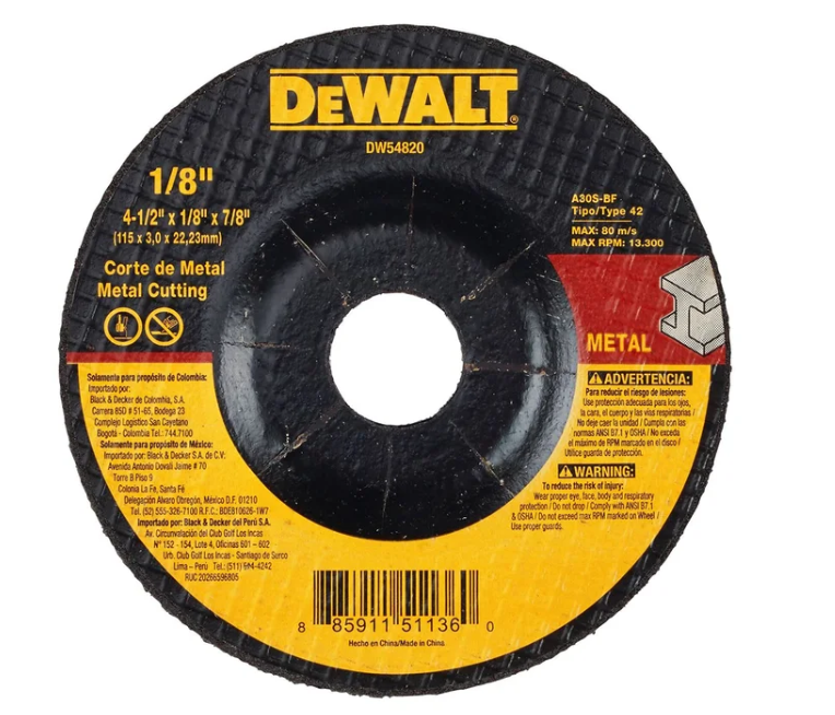 DISCO CORTE METAL 4, 1/2" X 1/8" TIPO 27 DEWALT DW54820