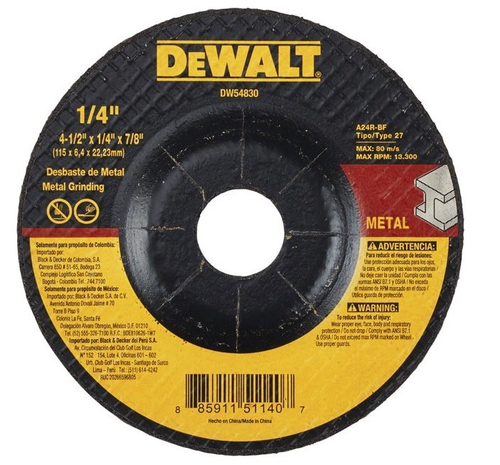 [4654830] DISCO PULIR/DESBASTE METAL 4, 1/2" X 1/4" TIPO 27 DEWALT DW54830