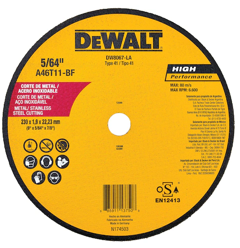 DISCO CORTE METAL 9" X 5/64" TIPO 41 DEWALT DW8067-LA