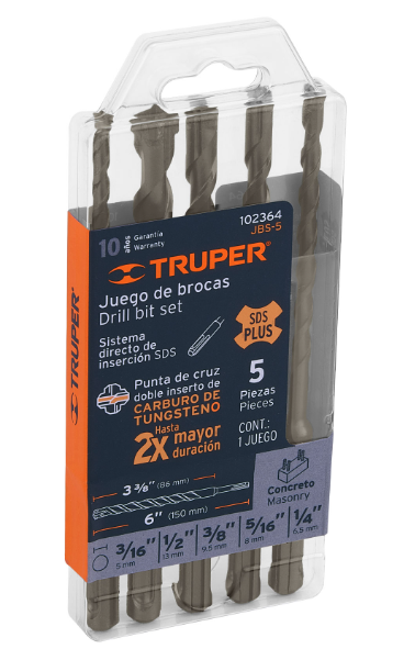 JUEGO BROCAS SDS PLUS 4 PUNTAS 5 PZAS. TRUPER 102364 JBS-5
