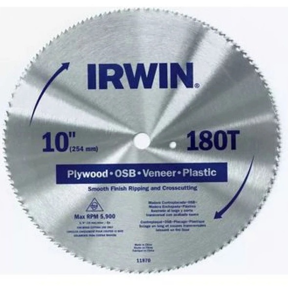 Disco sierra circular para madera 10" x 180 dientes Irwin 11870