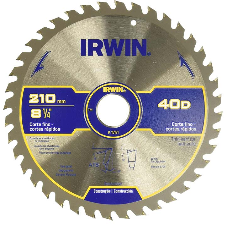 [4515181] Disco sierra circular para madera 8 1/4" x 40 dientes Irwin 15181