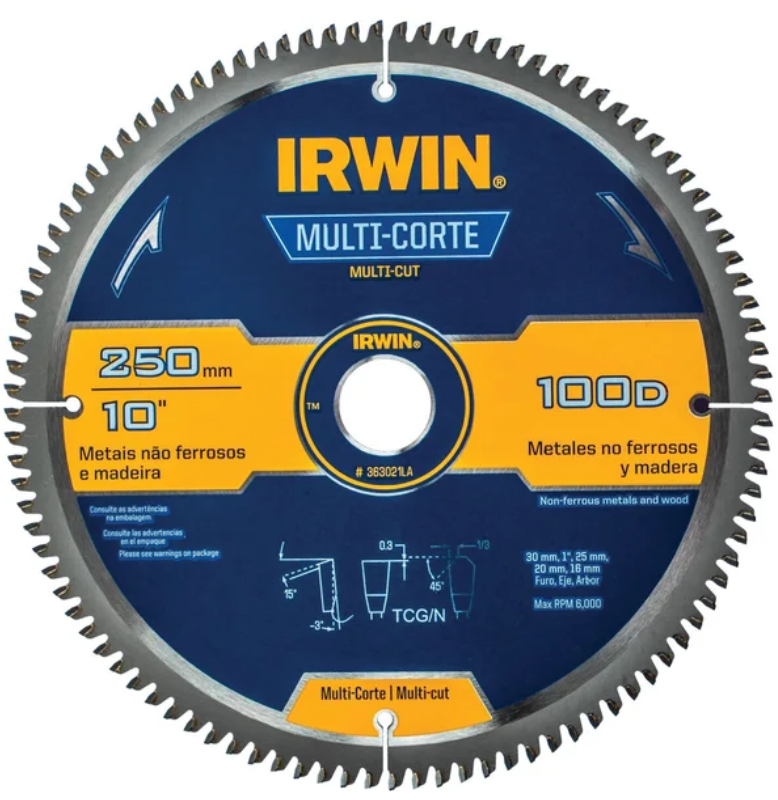 [45363021] DISCO SIERRA CIRCULAR MULTICORTE (ALUMINIO/MADERA) 10" X 100D IRWIN 363021LA