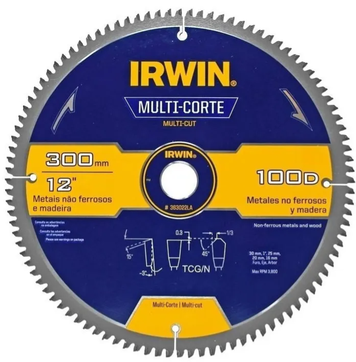[45363022LA] Disco sierra circular multicorte (aluminio/madera) 12" x 100D Irwin 363022LA