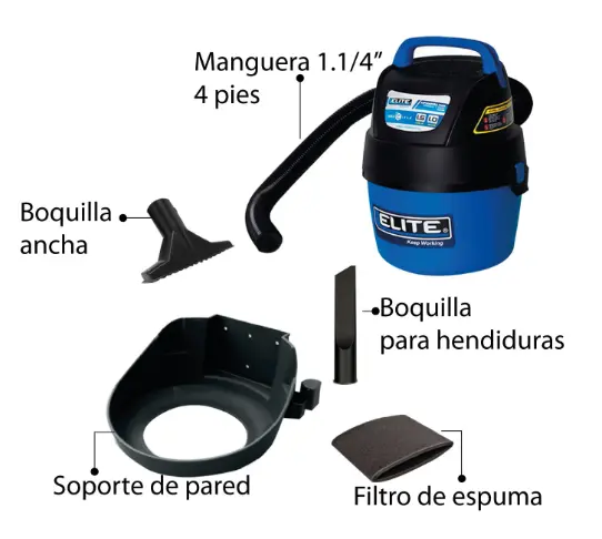 Aspiradora 1 galón 1.5 HP tanque poli húmedo-seco sopladora Elite VC0115P
