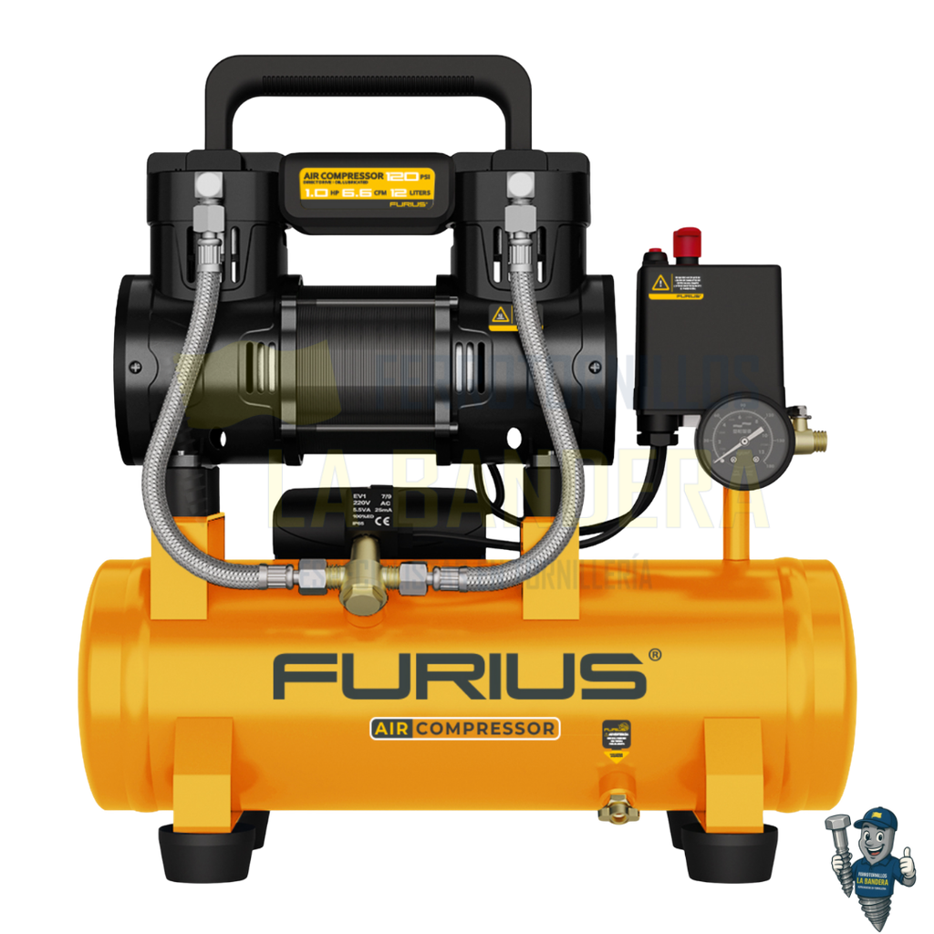 COMPRESOR DE AIRE SILENCIOSO LIBRE ACEITE 12L 6.6CFM 1.5HP 120PSI FURIUS FC112S