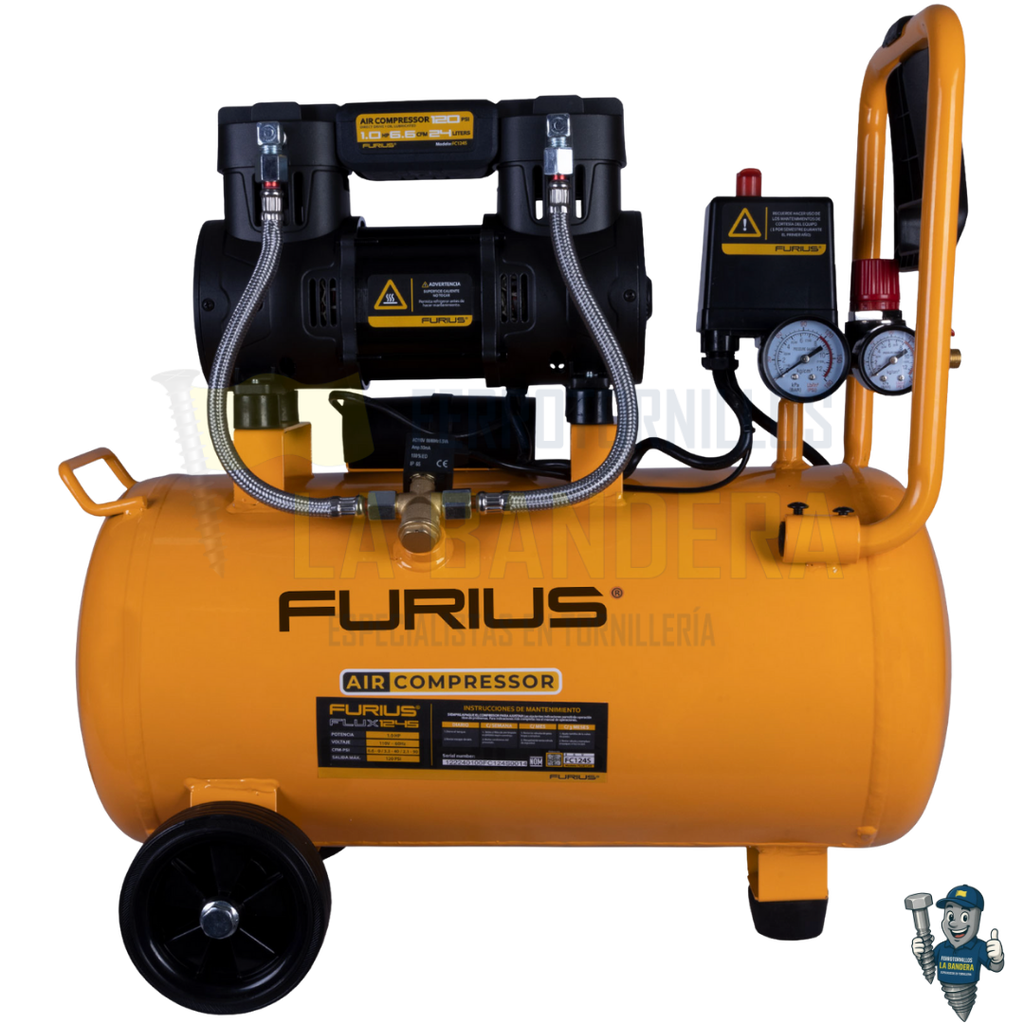 [55FC124S] COMPRESOR DE AIRE SILENCIOSO LIBRE ACEITE 24L 6.6CFM 1.5HP 120PSI FURIUS FC124S