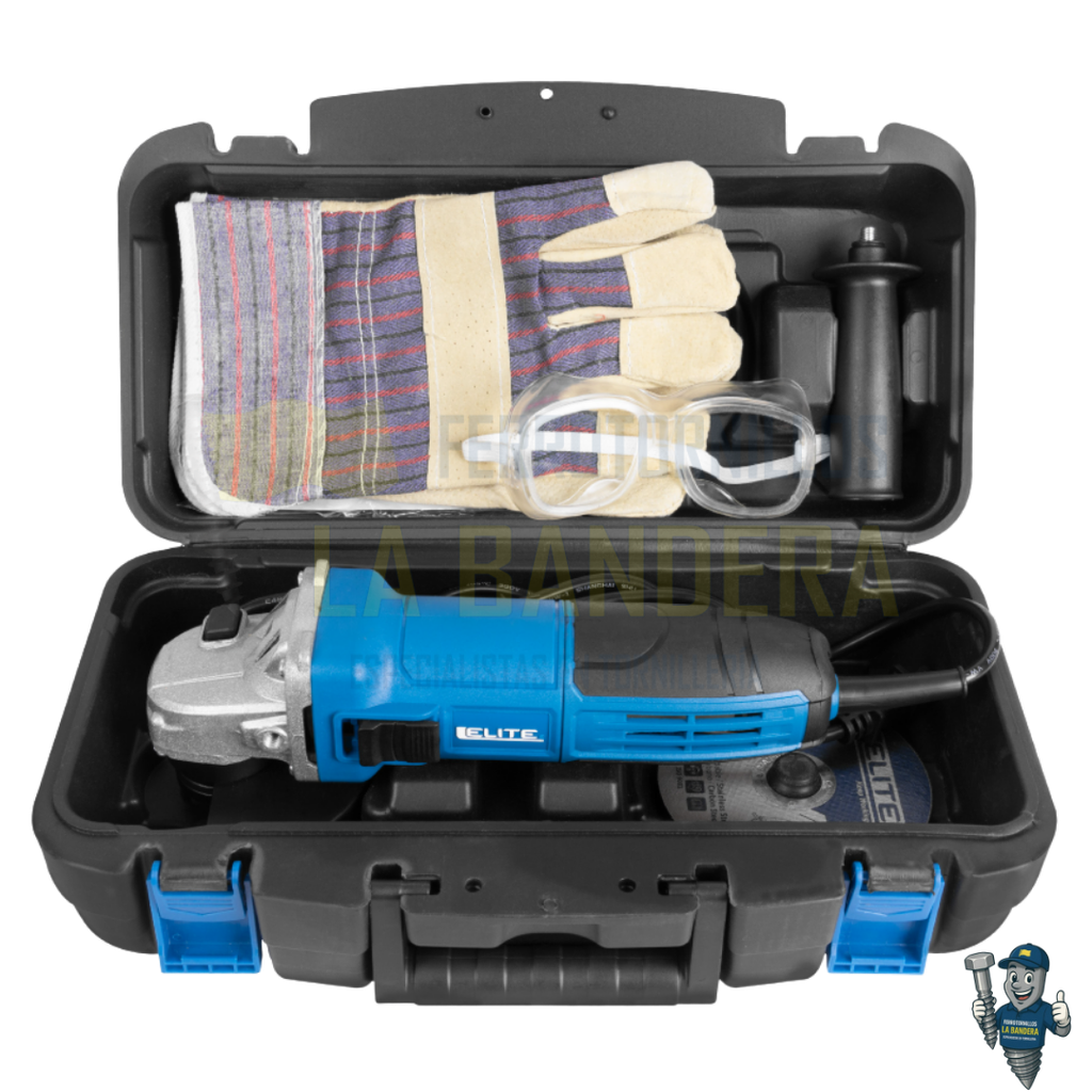 Kit pulidora angular 4 1/2" 800W con estuche, gafas y guantes Elite AG1142KIT