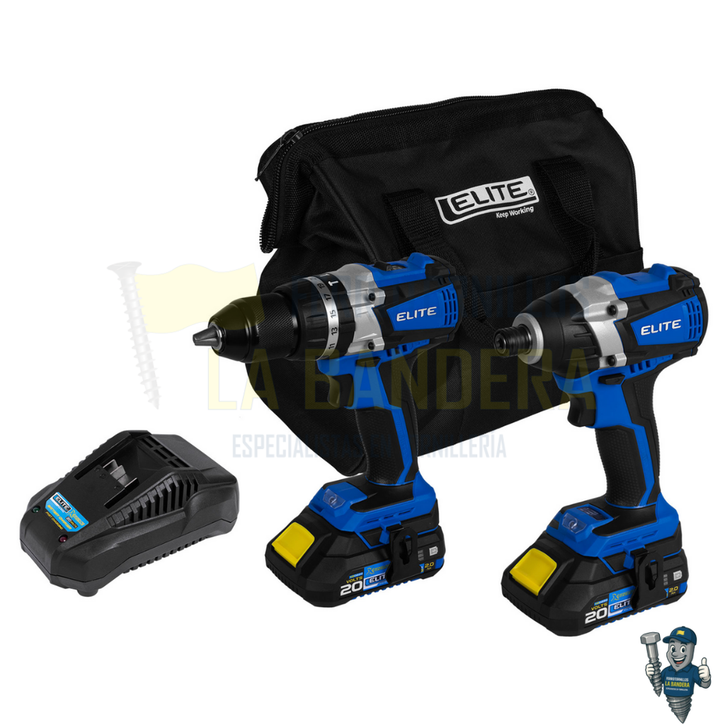 KIT TALADRO 1/2" + ATORNILLADOR IMPACTO 1/4" INALA. 20V 2 BAT. ELITE KIT2XB20