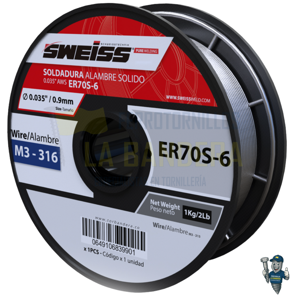 [55M3-316] ROLLO SOLDADURA 0.035" (0.9mm) AC. CARBON ER70S-6 X 0.9Kg SWEISS M3-316