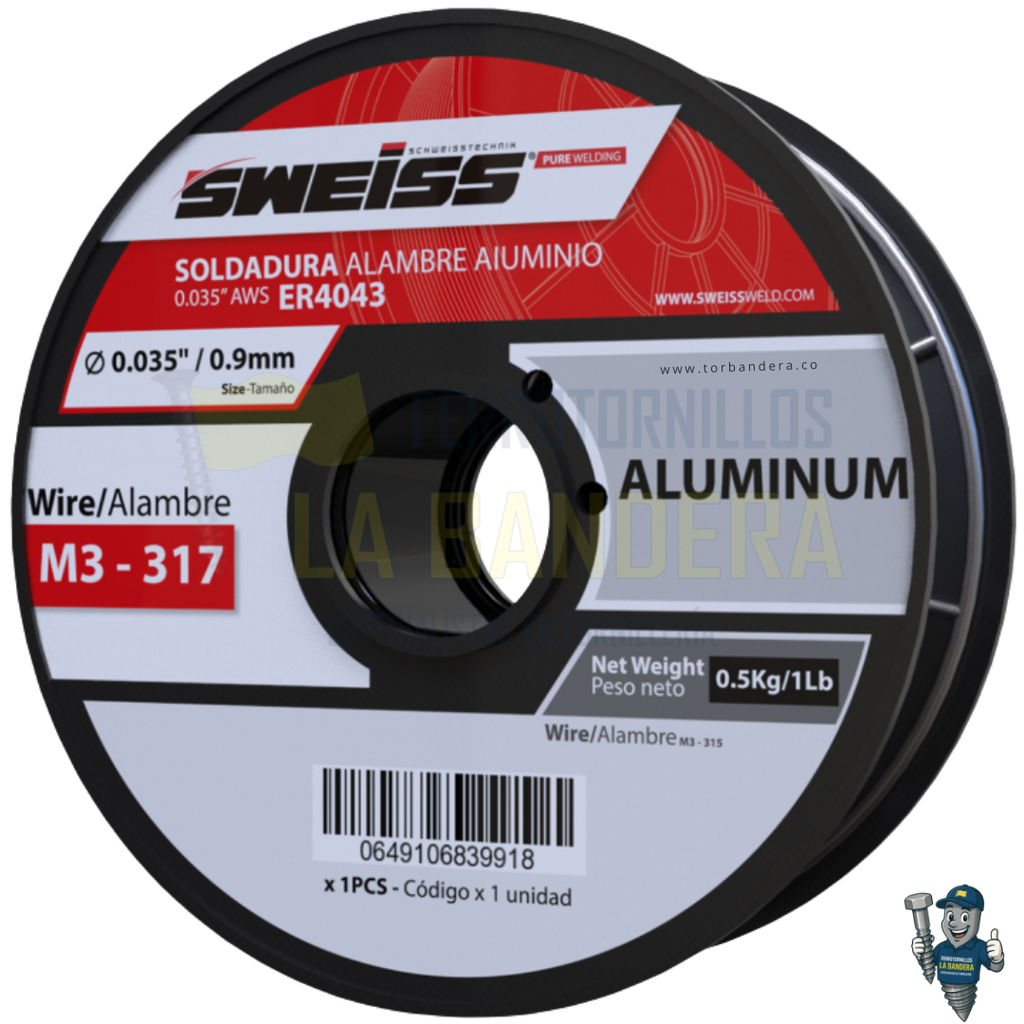 ROLLO SOLDADURA 0.035" (0.9mm) ALUMINIO ER4043 X 0.9Kg SWEISS M3-317