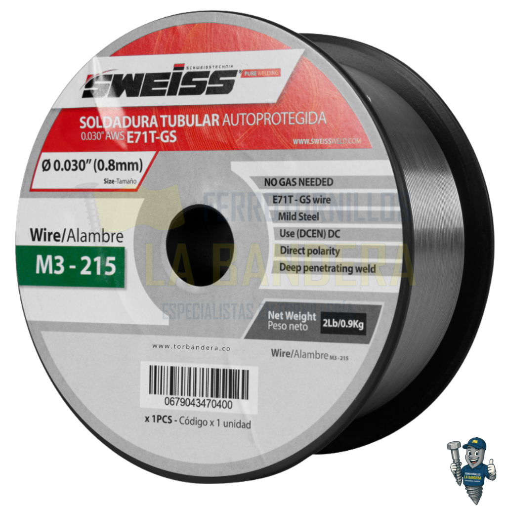 ROLLO SOLDADURA FLUXCORED 0.030" (0.8mm) AC. CARBON E71T-GS X0.9Kg SWEISS M3-215