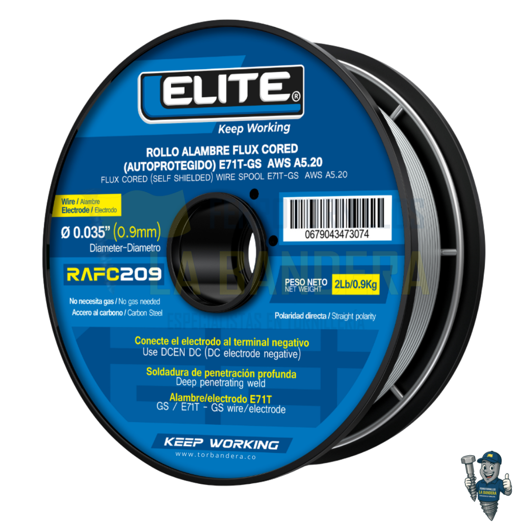 ROLLO SOLDADURA FLUXCORED 0.035" (0.9mm) AC. CARBON E71T-GS X0.9Kg ELITE RAFC209