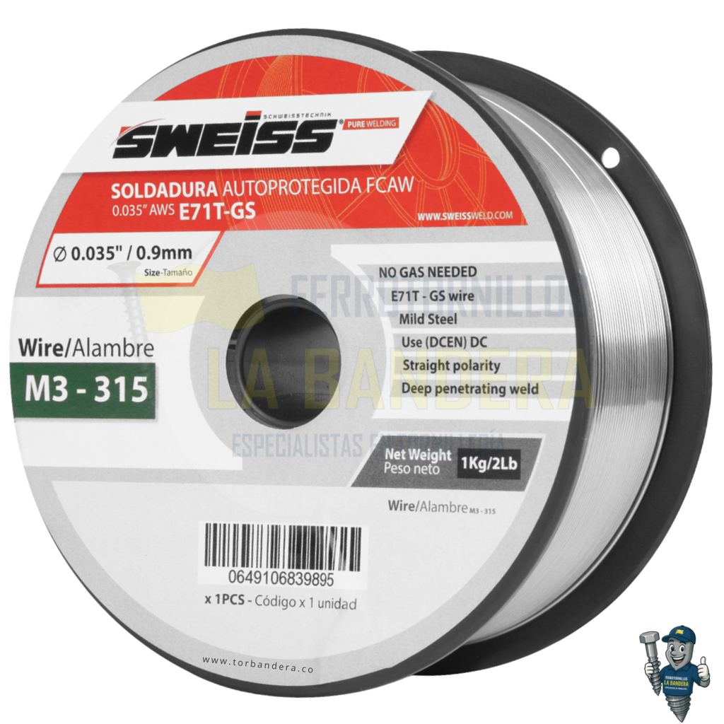 [55M3-315] ROLLO SOLDADURA FLUXCORED 0.035" (0.9mm) AC. CARBON E71T-GS X0.9Kg SWEISS M3-315