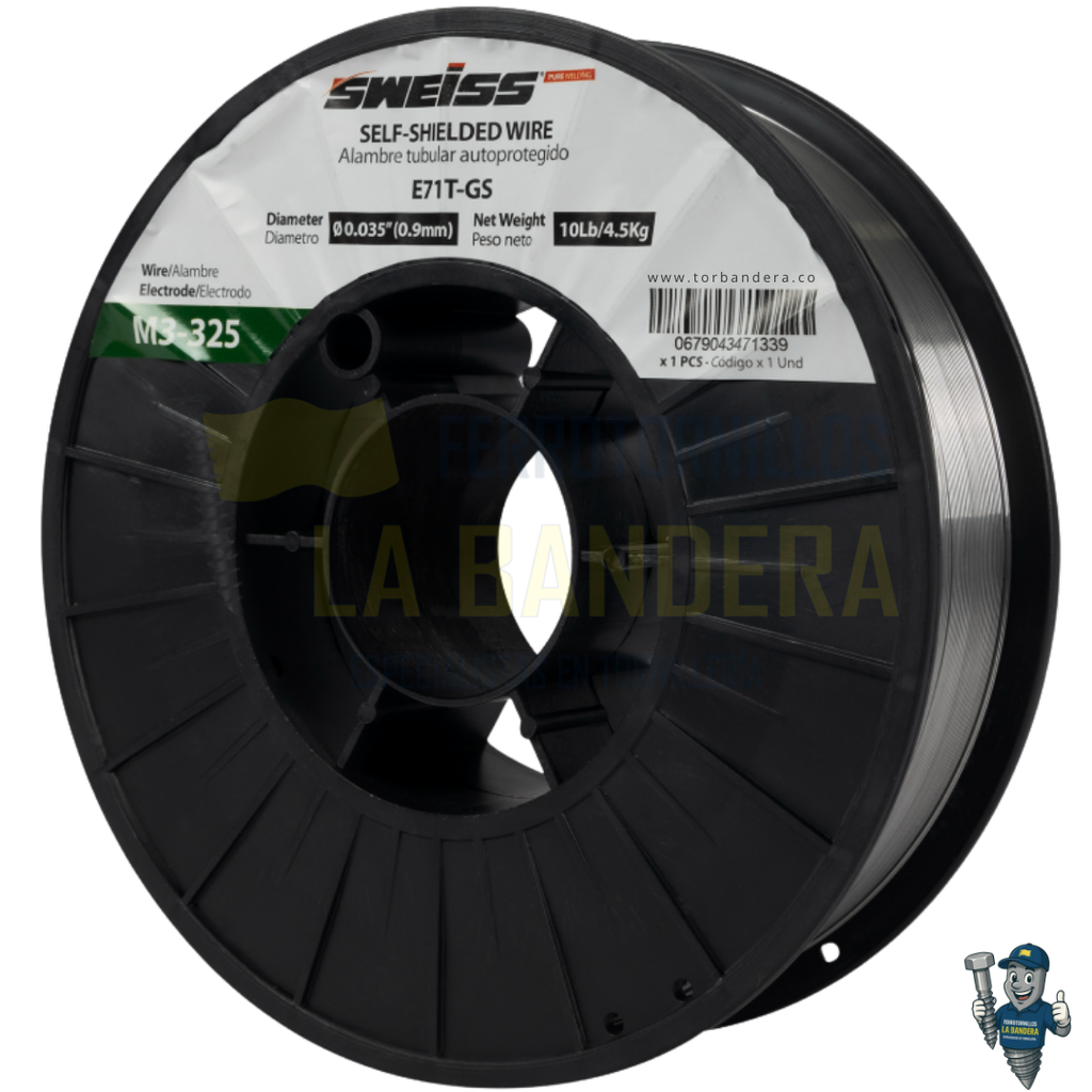 Rollo soldadura fluxcored 0.035" (0.9mm) E71T-GS x4.5Kg Sweiss M3-325