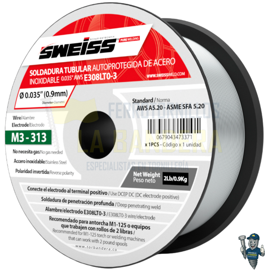 Rollo soldadura fluxcored 0.035" (0.9mm) E308LT-3 x0.9Kg Sweiss M3-313