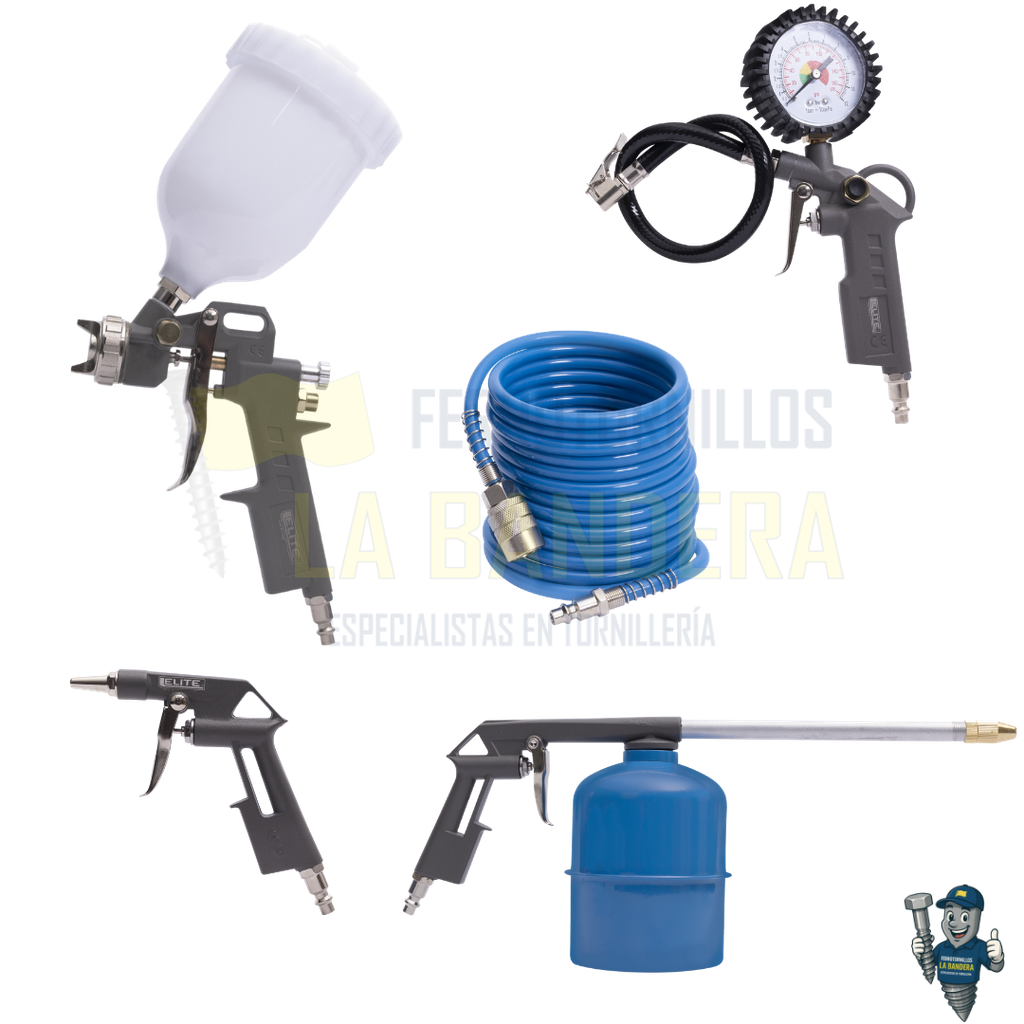 [55AIRKIT5] Set de 5 piezas: pistola pintura, soplado, lavado, infladora, 5m Elite AIRKIT5