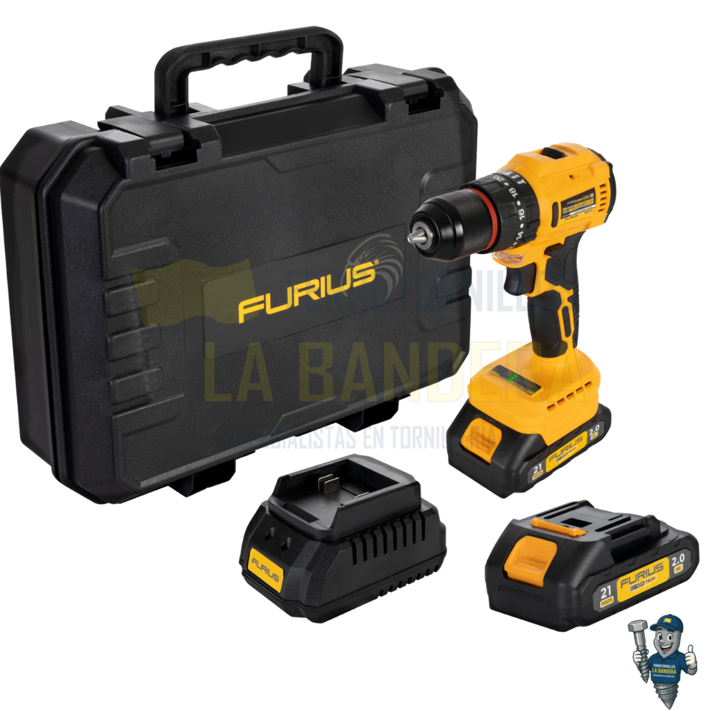 TALADRO PERCUTOR INALAMBR. 1/2" 21V 2 BATERIAS 1.5AH Y CARGADOR FURIUS FUFBD2113