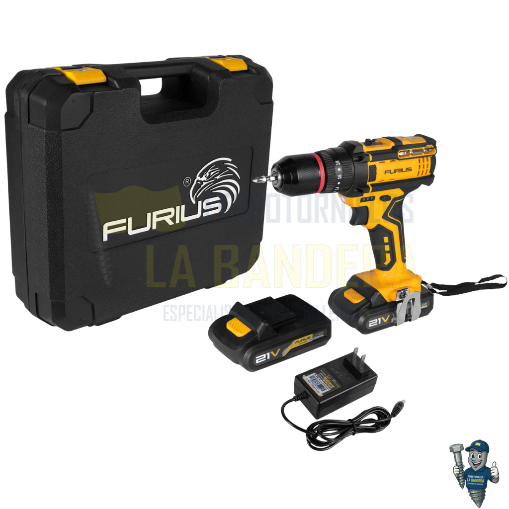 TALADRO PERCUTOR INALAMBRICO 21V 1/2" 2 BATERIAS 1.5AH Y CARGADOR FURIUS FCD21