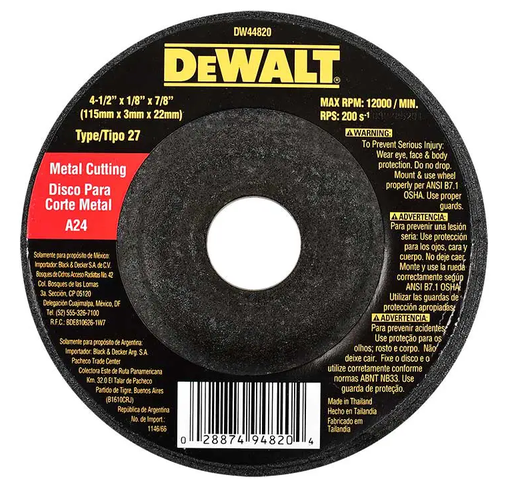 [4644820] DISCO CORTE METAL 4, 1/2" X 1/8" TIPO 27 DEWALT DW44820