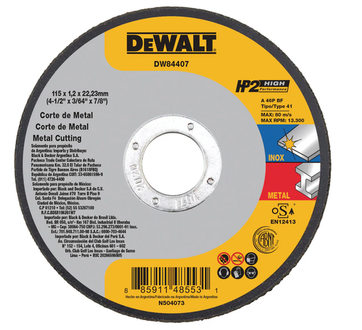 [4684407] DISCO CORTE METAL 4, 1/2" X 3/64" TIPO 41 DEWALT DW84407