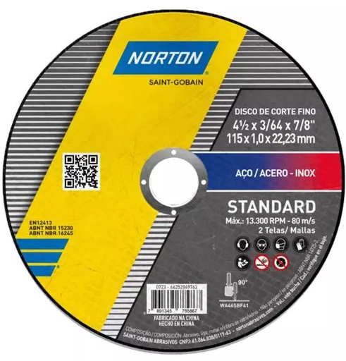 [53NDC4510S] DISCO CORTE METAL-INOX. 4, 1/2" X 3/64" T-41 STANDARD NORTON 66252849762