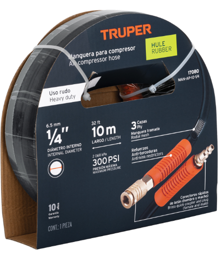 [4817080] MANGUERA COMPRESOR USO RUDO 1/4" X 10m TRUPER 17080 MAN-AP-10-1/4